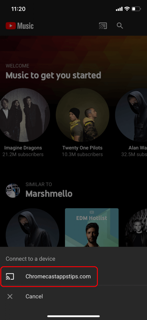Select the device to Chromecast Youtube Music