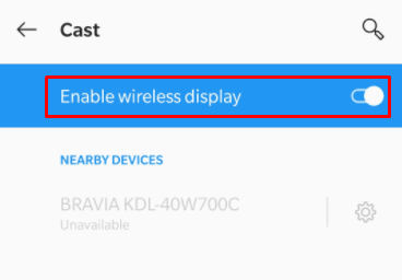  toggle on the Enable wireless display option.