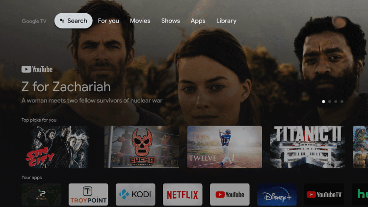 Click Search on the Google TV home