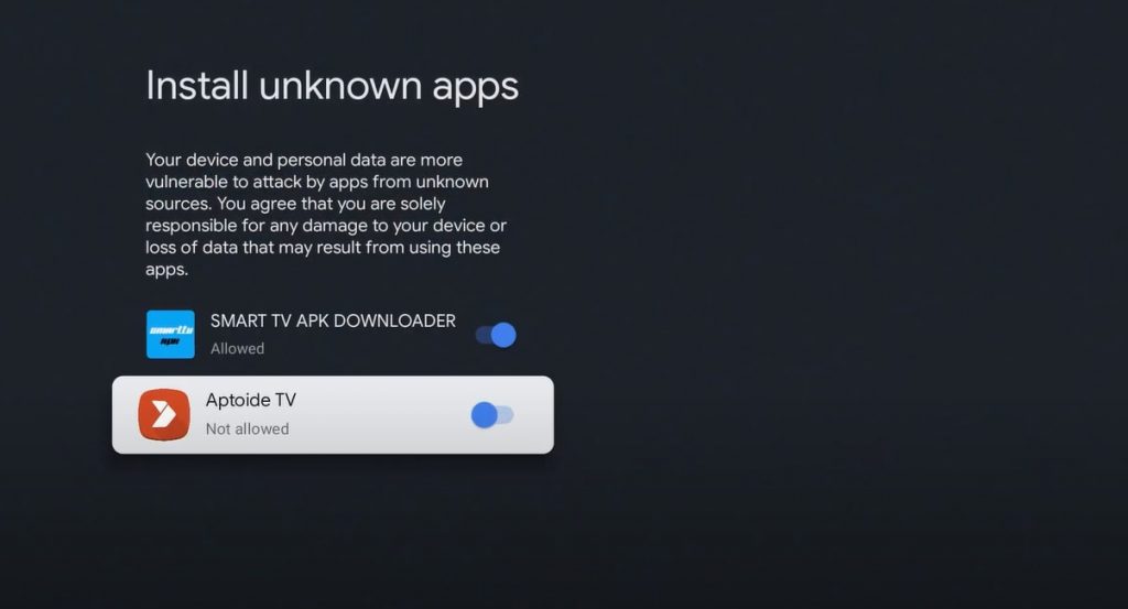 Enable Unknown Sources for Aptoide TV