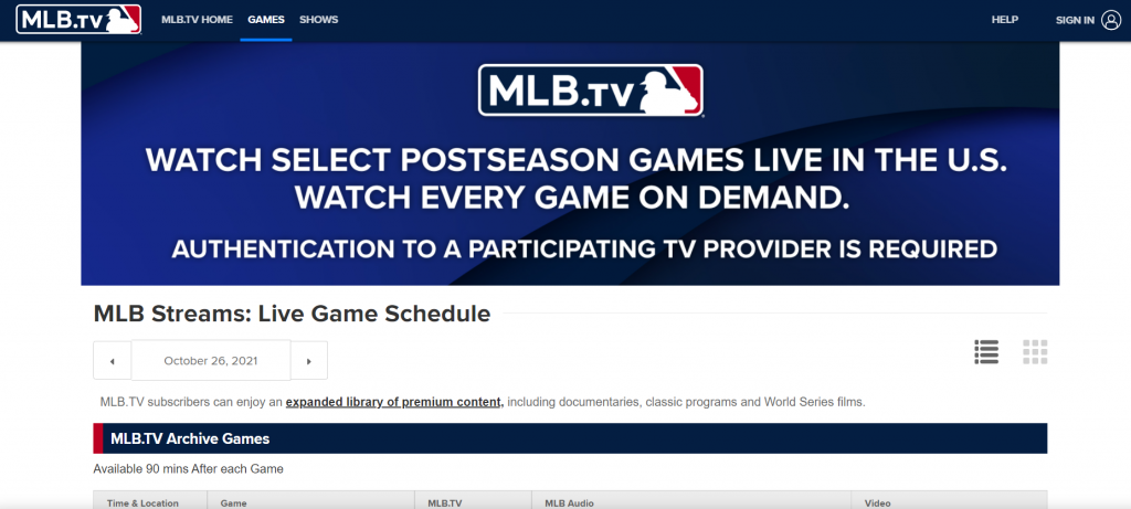 MLB TV website 