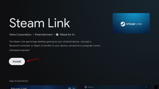 Select Install to get Steam Link for Google TV.