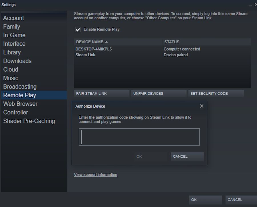 Enter the code to play Games using steam on Google TV.