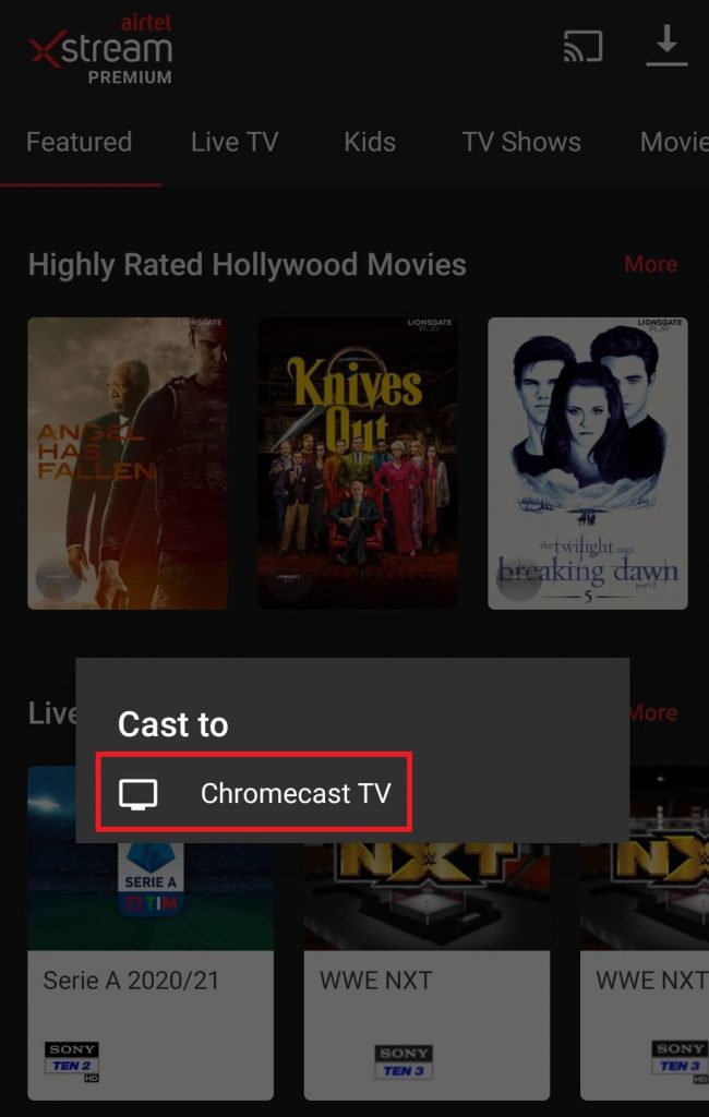Select your Chromecast device to cast Airtel TV