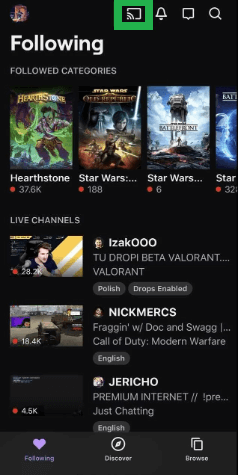 Cast option in smartphone. Twitch on Google TV