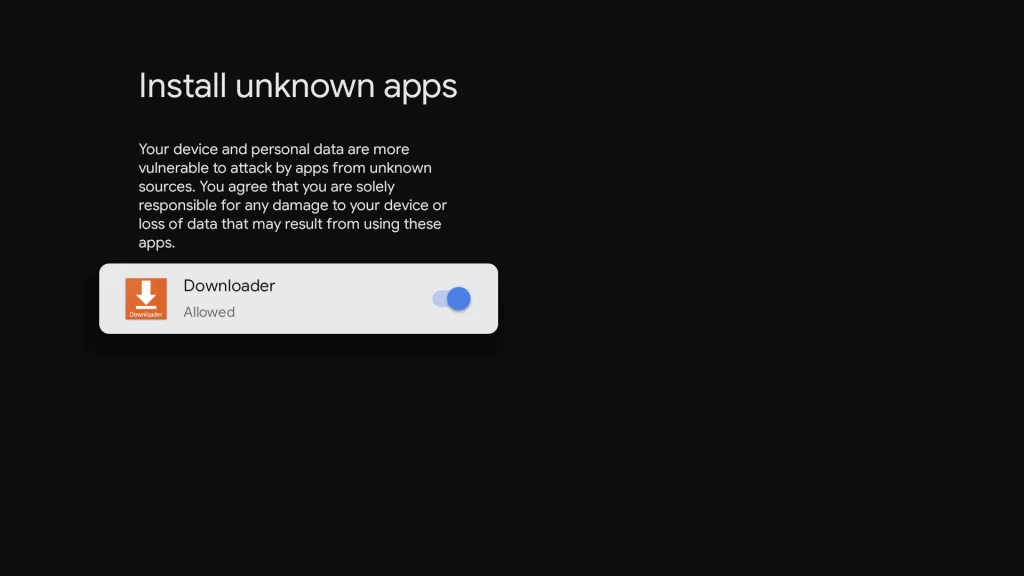 Enable Downloader toggle to sideload apps on Google TV