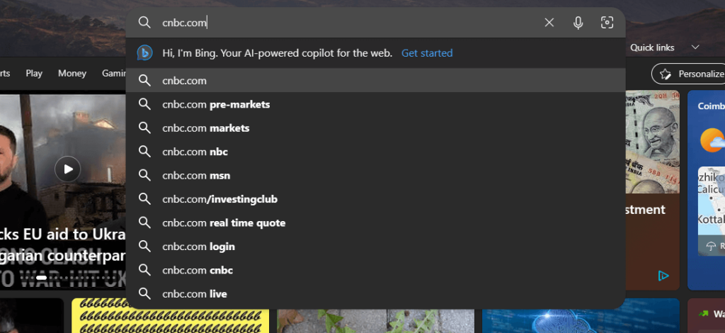Search for CNBC on Microsoft Edge