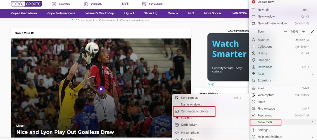 Cast BeIN Sports from Edge browser