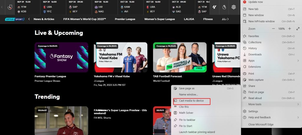 Cast Optus Sport from Edge browser