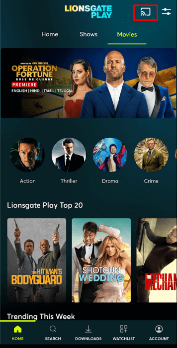 Select the Cast icon to Chromecast Lionsgate